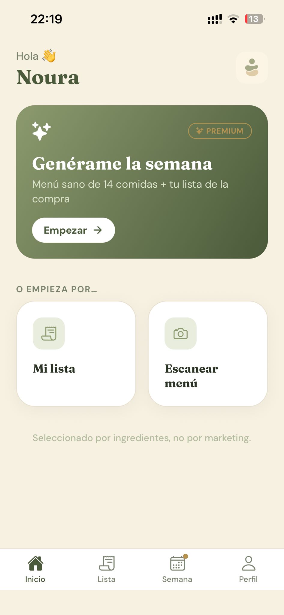 Pantalla de inicio de Noura, con accesos a generar el menú semanal, subir tu lista o escanear un menú