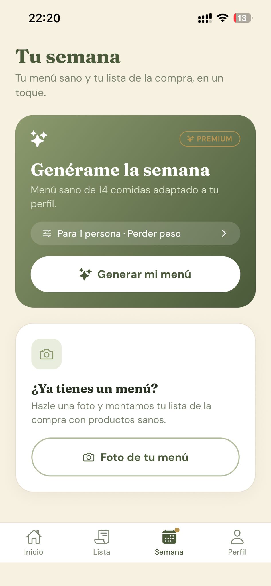 Pantalla de Noura para generar el menú semanal según tu perfil y tu objetivo