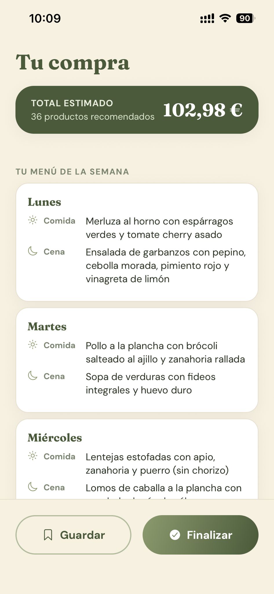 Menú semanal generado por Noura, con comida y cena para cada día y el coste total estimado de la compra